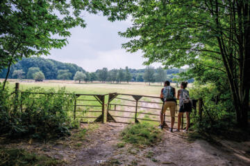 Wandelaars kijken vanachter een hek naar een lege weide.