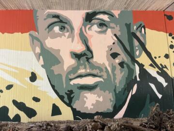 Muurschildering van wielrenner Sven Nys.